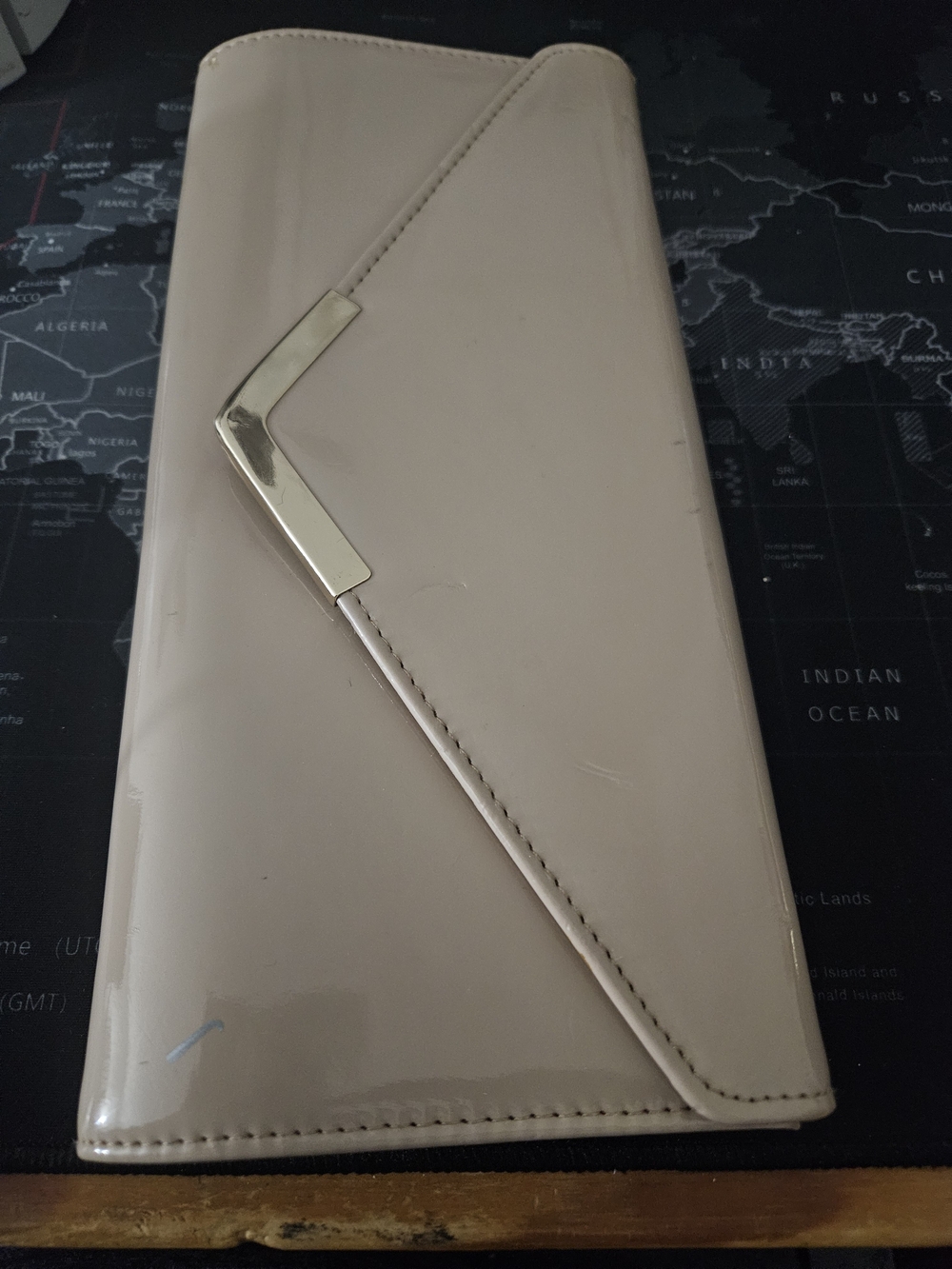 Aldo Patent Leather Nude/Beige Envelope Clutch with Gold Accent